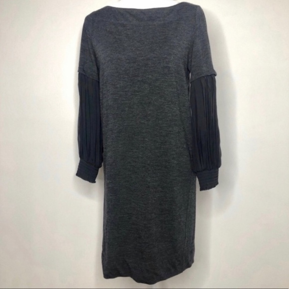 Theory Jessie Fair Wool Stretch Knit Silk Sleeve grey Dress, size Medium